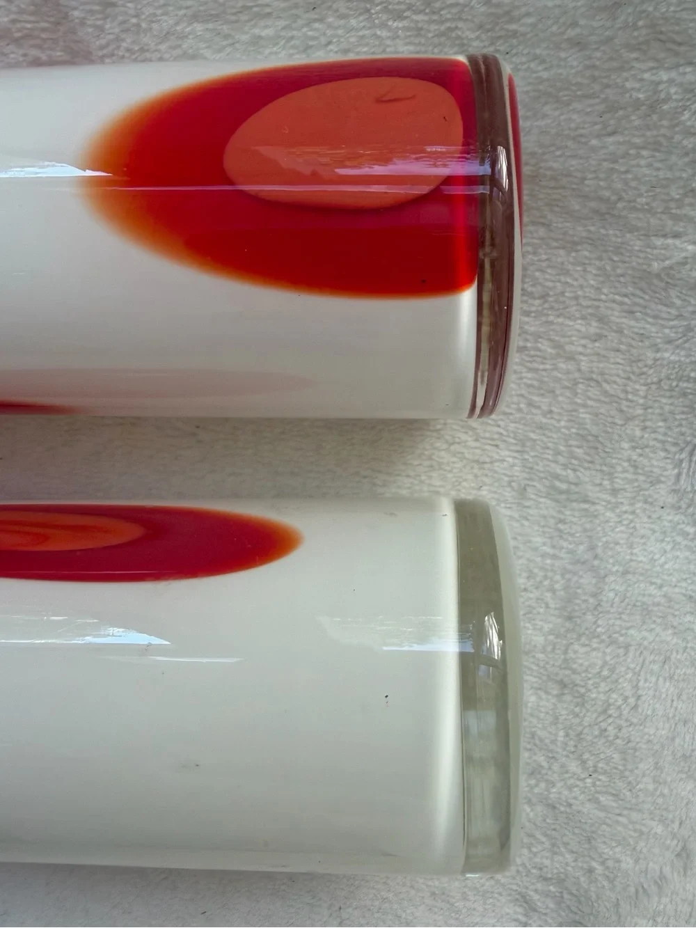 2 Vintage Murano Hand-Blown Art Glass Vases White Base Red Pulled Cane Dots